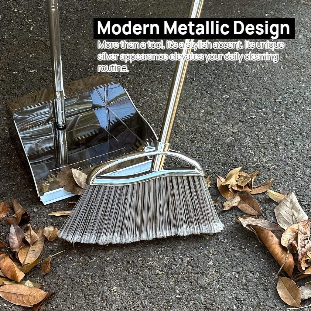 GLOYY Outdoor Broom and Dustpan Comb Set,Heavy Duty Stainless Steel Metal Dust Pan with Long Handle Commercial Stiff Bristles Broom for Home Garage Garden Patio