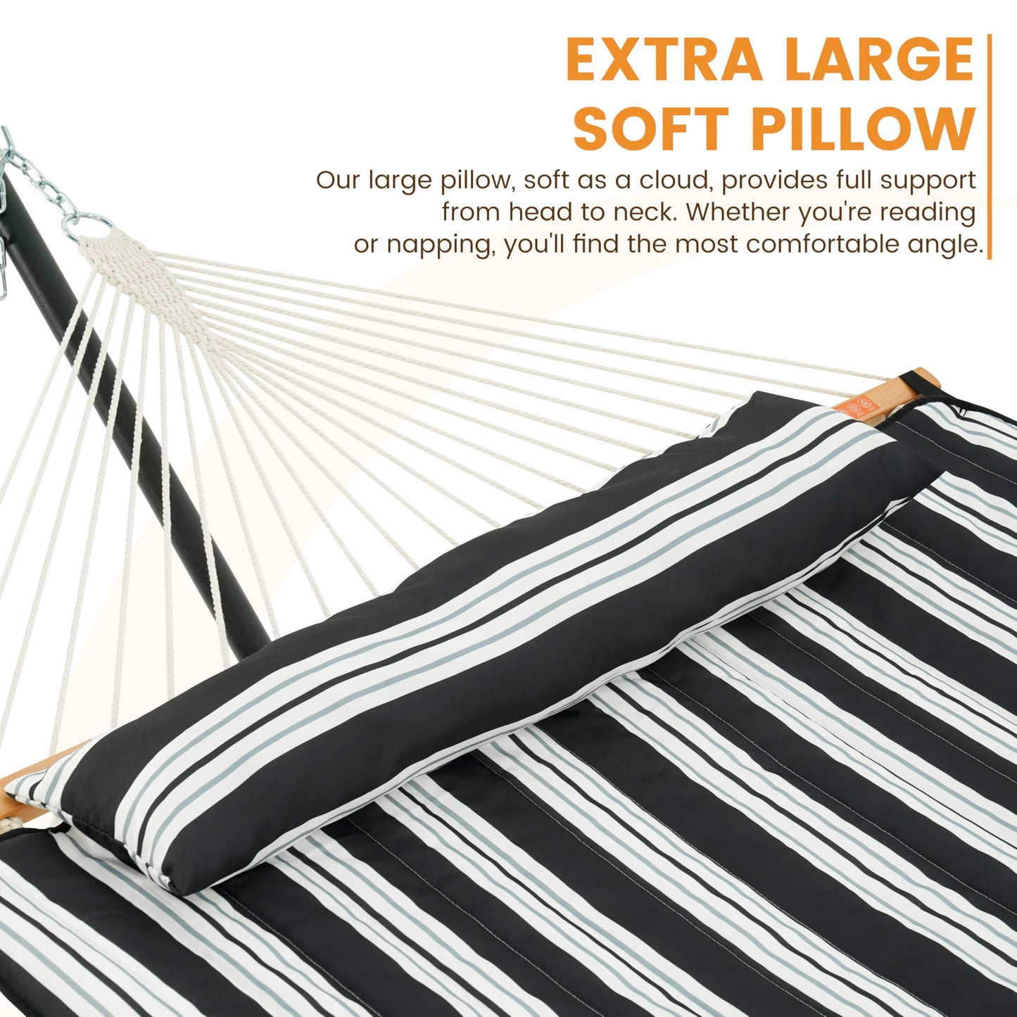 Lazy Daze Hammocks 2 Person Portable Hammock with 12FT Stand, Double Hand Woven Cotton Rope Hammock with Detachable Quilted Pad & Pillow for Outside, 450lb Capacity, Black White Stripes
