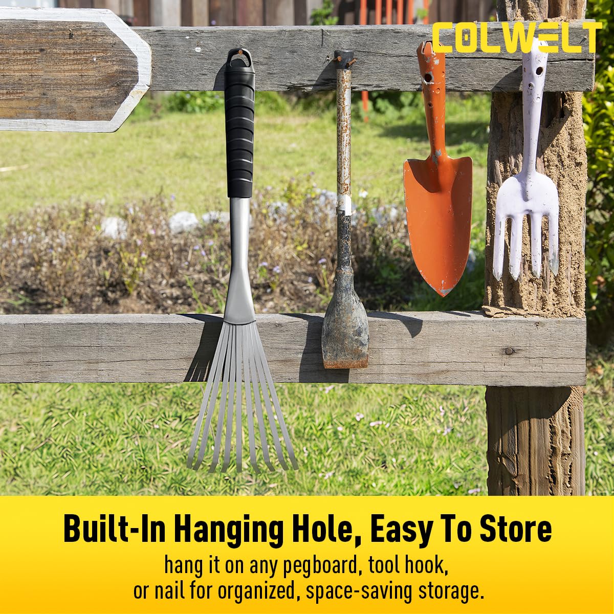 Colwelt Hand Rake 16.5", Small Rake for Gardening with 9 Resilient Flat Tines, Metal Mini Rake with Hanging Hole for Storage, Hand Fan Rake for Leaves, Loosening Soil, Spreading Mulch, Flower Beds