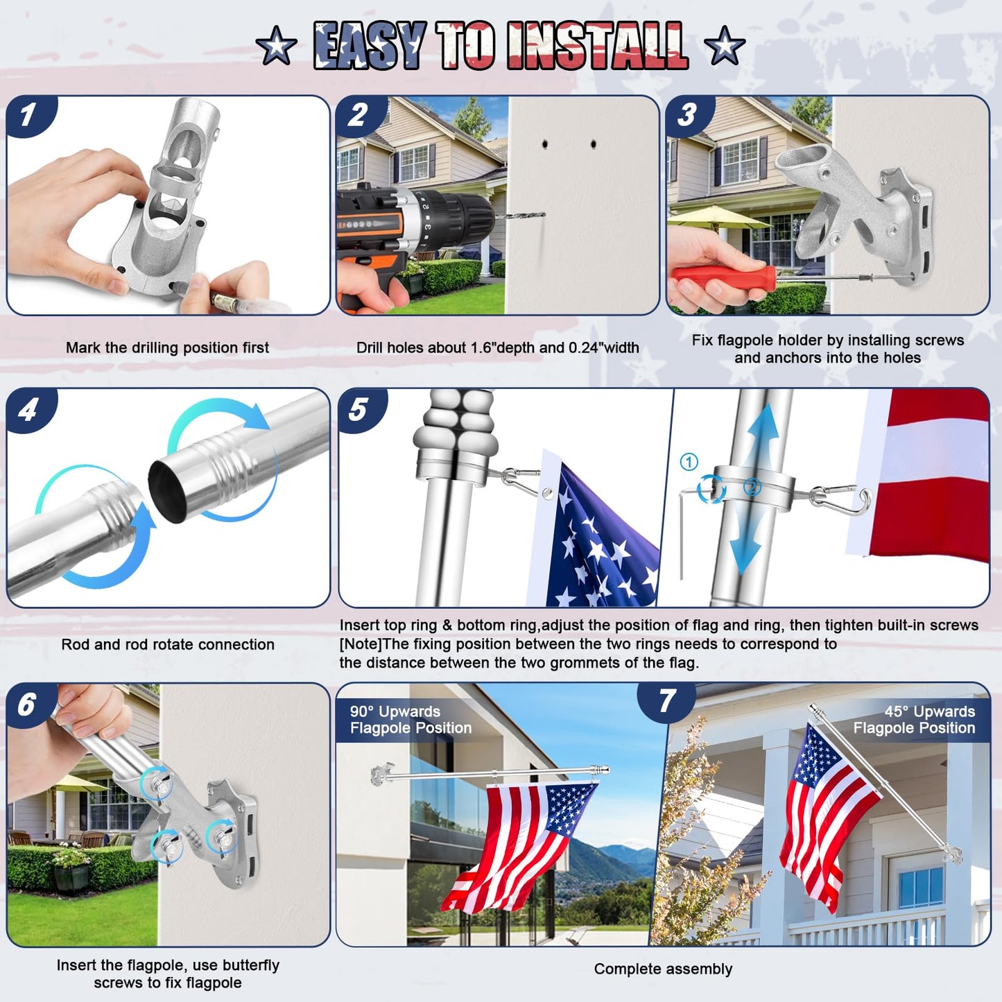 REERON Flag Pole for House, 6 FT Stainless Steel Spinning Flag Pole Kit, 1" Rustproof Porch Flagpole with 360° Tangle Free Metal Flagpole Rings & 2-Position Bracket for Outdoor Sport for 3x5 Flags