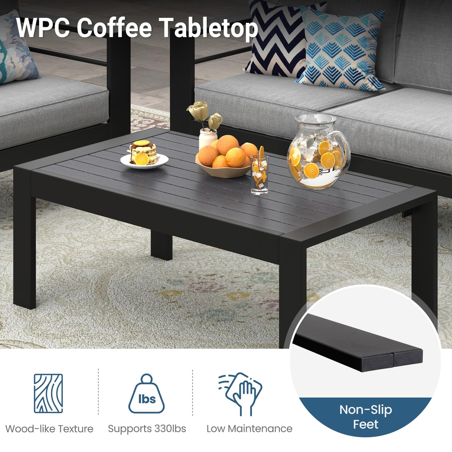 Solaste Aluminum Outdoor Patio Furniture Set, 7 Seats Patio Sectional Sofa with 5" Thick Cushion, Outdoor Patio Set with Coffee Table for Porch, Backyard, Deck, Yard, Light Grey