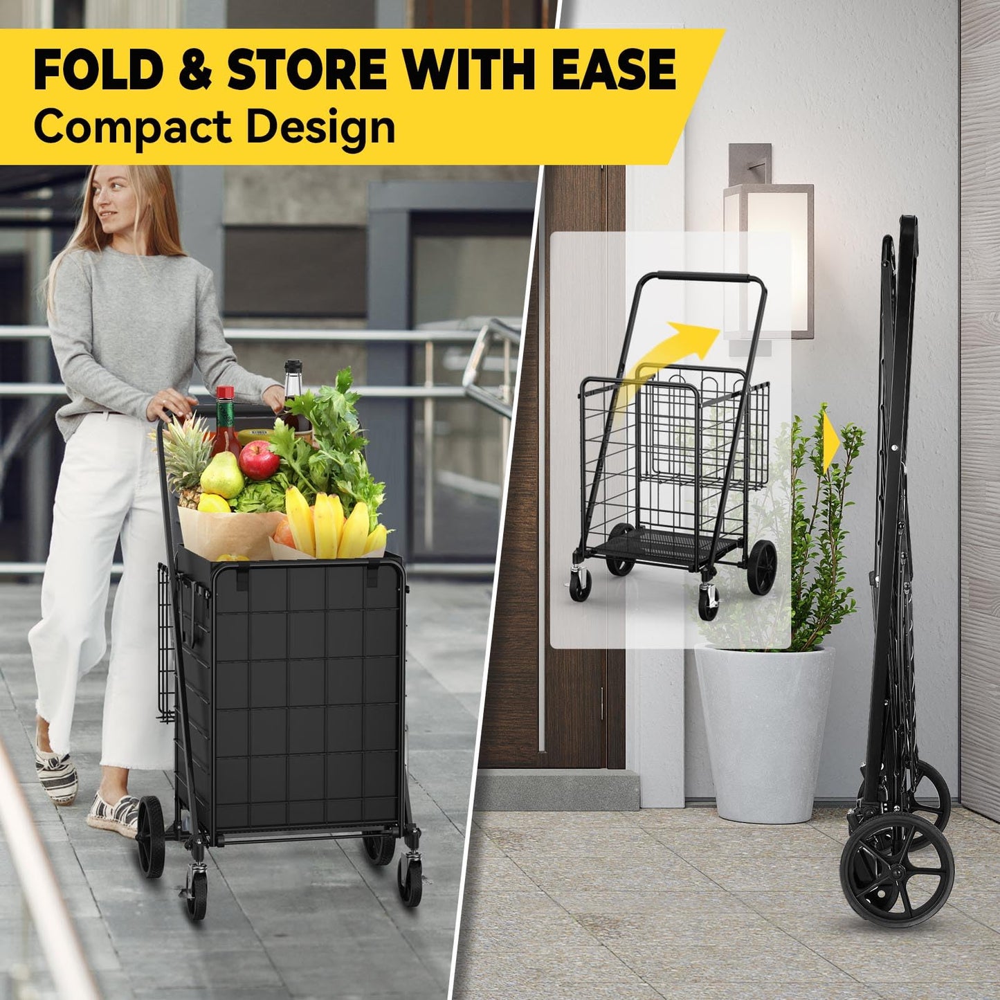XING LANG 4.5 Cu Ft Folding Shopping Cart - 420 LB Capacity Grocery Cart with 360° Braked Swivel Wheels - Heavy Duty Utility Cart with Double Basket & Removable Waterproof Liner with Lid for Laundry