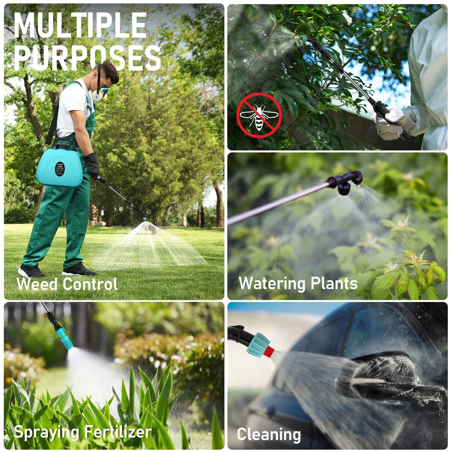 VASG 2 Gallon Battery Powered Garden Sprayer, Powerful Electric Pump Sprayer, Weed Sprayer with USB Rechargeable Handle, 5 Mist Nozzles, Retractable Wand, Adjustable Strap for Lawn, Garden, Yard