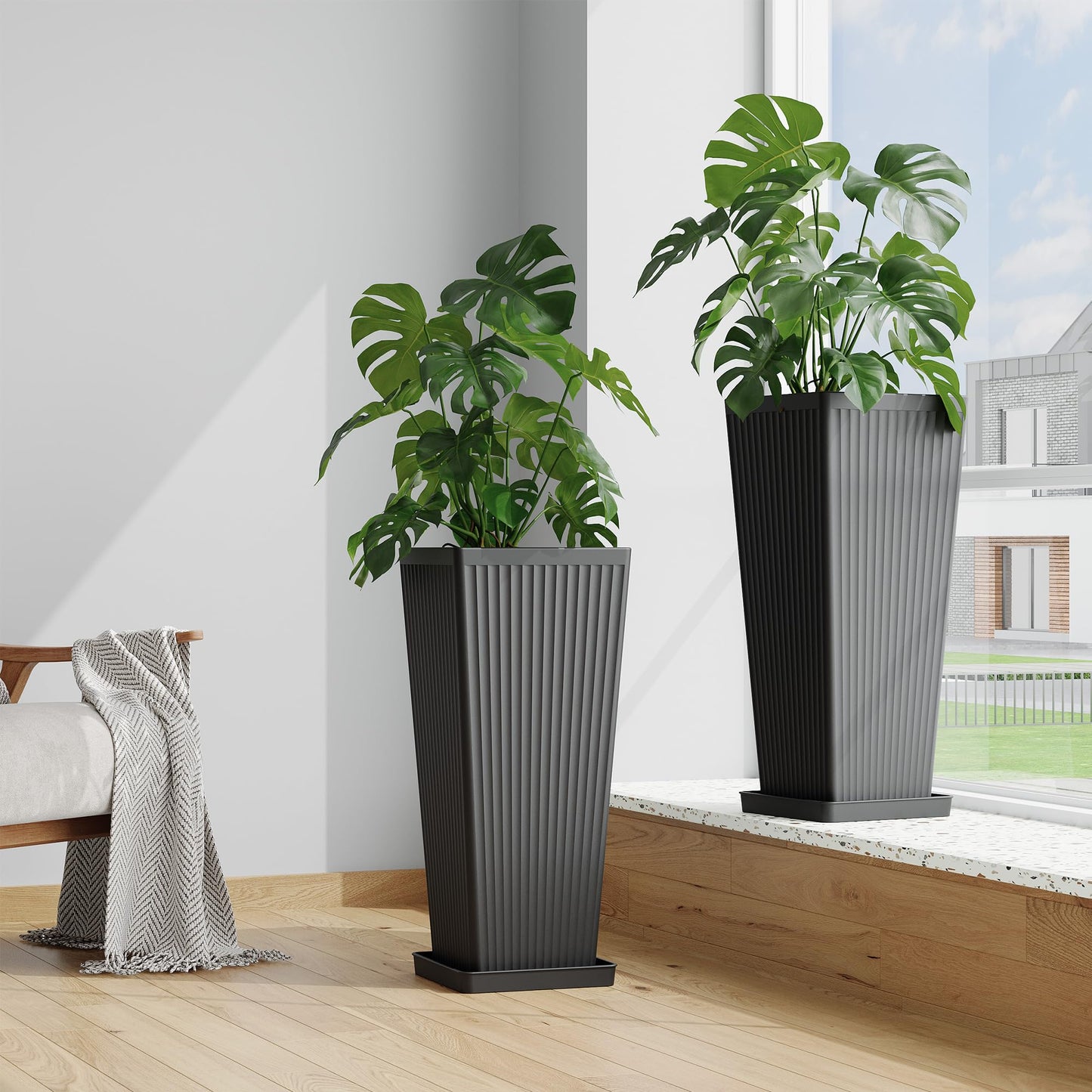 seethmi Tall Planters for Outdoor Plants Set of 2, 23.6" Large Taper Flower Plant Pots with Drainage Hole and Drainage Trays, Weather-Resistant Plastic planters for Patio, Porch, Garden, Black