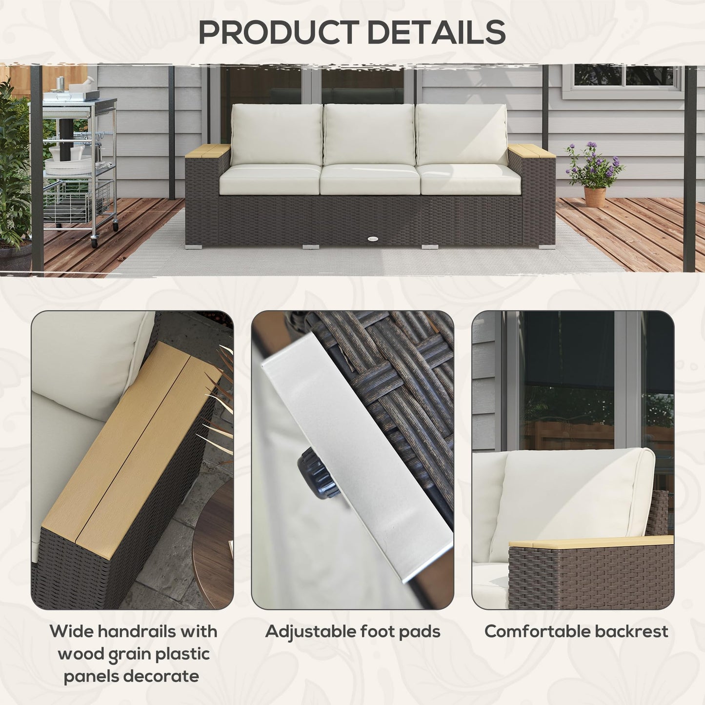 Outsunny 3-Seat Outdoor Patio Sofa with 24.5" Extra Wide Deep Seats, PE Wicker Sofa with Wide Wood Effect Armrests and 4" Cushions, Rattan Outdoor Couch for Porch, Garden, Poolside, Beige