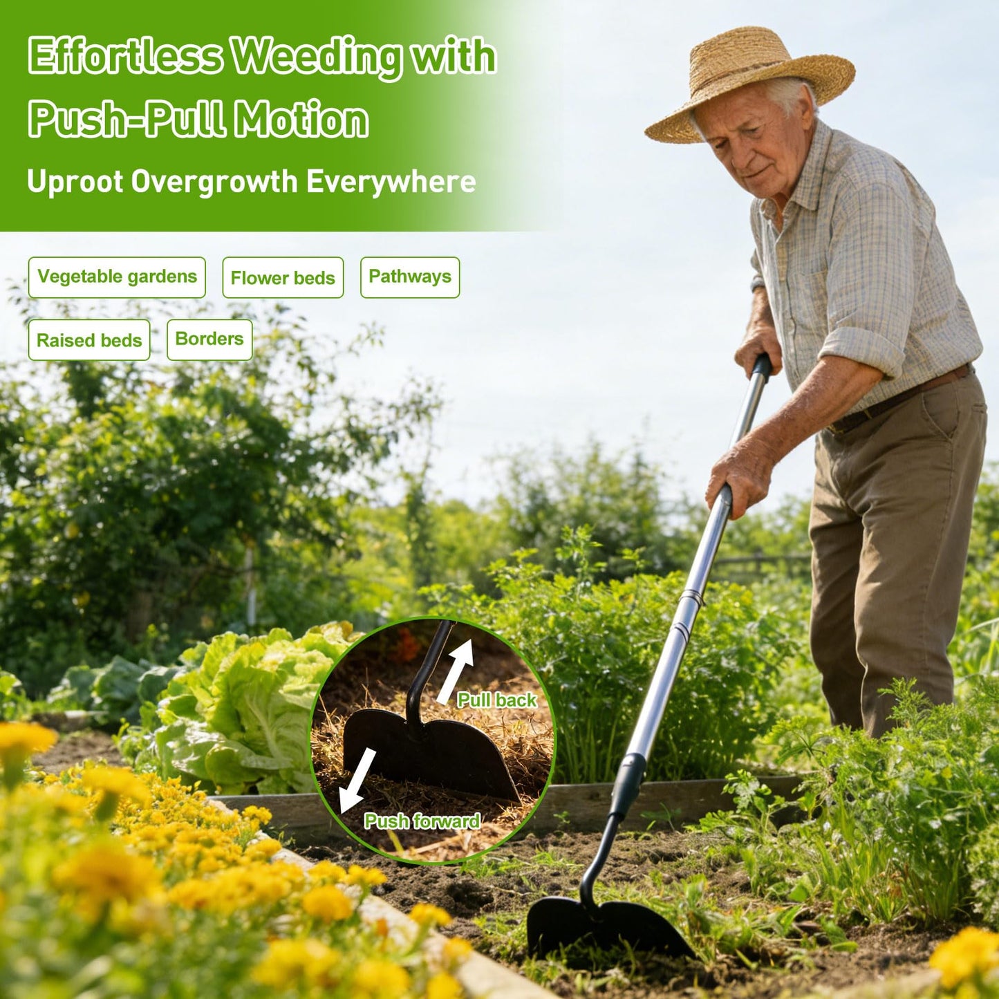 Garden Hoe for Weeding, Heavy Duty Draw Hoe Garden Tool for Plowing,Cultivating,Trenching, Ridging,Tilling Loosening Soil,Scraping Weeder with 60” Handle for Stand Gardening, Reduce Back Strain
