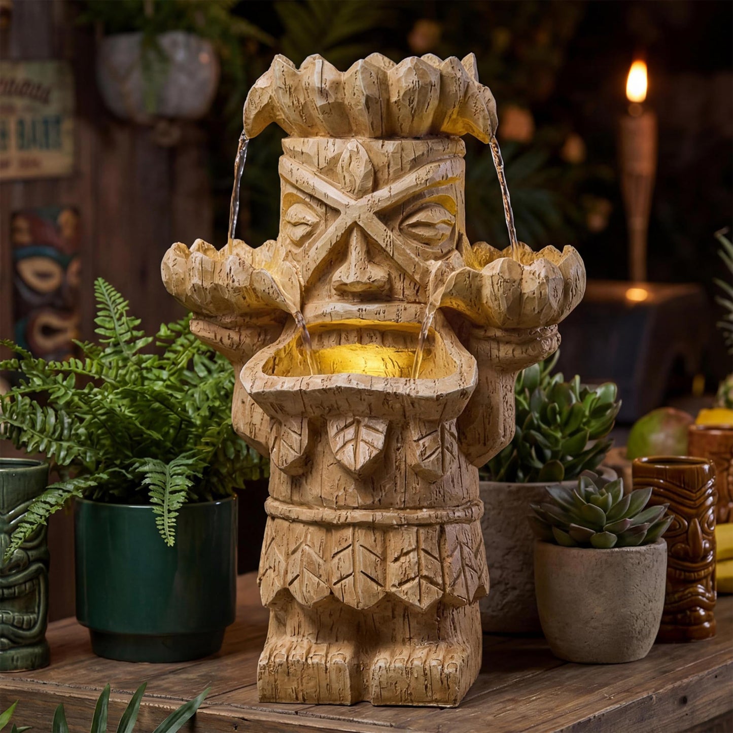 Dalxo 20-Inch Outdoor Water Fountain, 3-Tier Polynesian Tiki Head Resin Waterfall Fountain with 4 Warm LED Lights, Home Art Decor for Garden, Patio, Yard, Deck, Porch, Deck or Lawn in Natural Wood