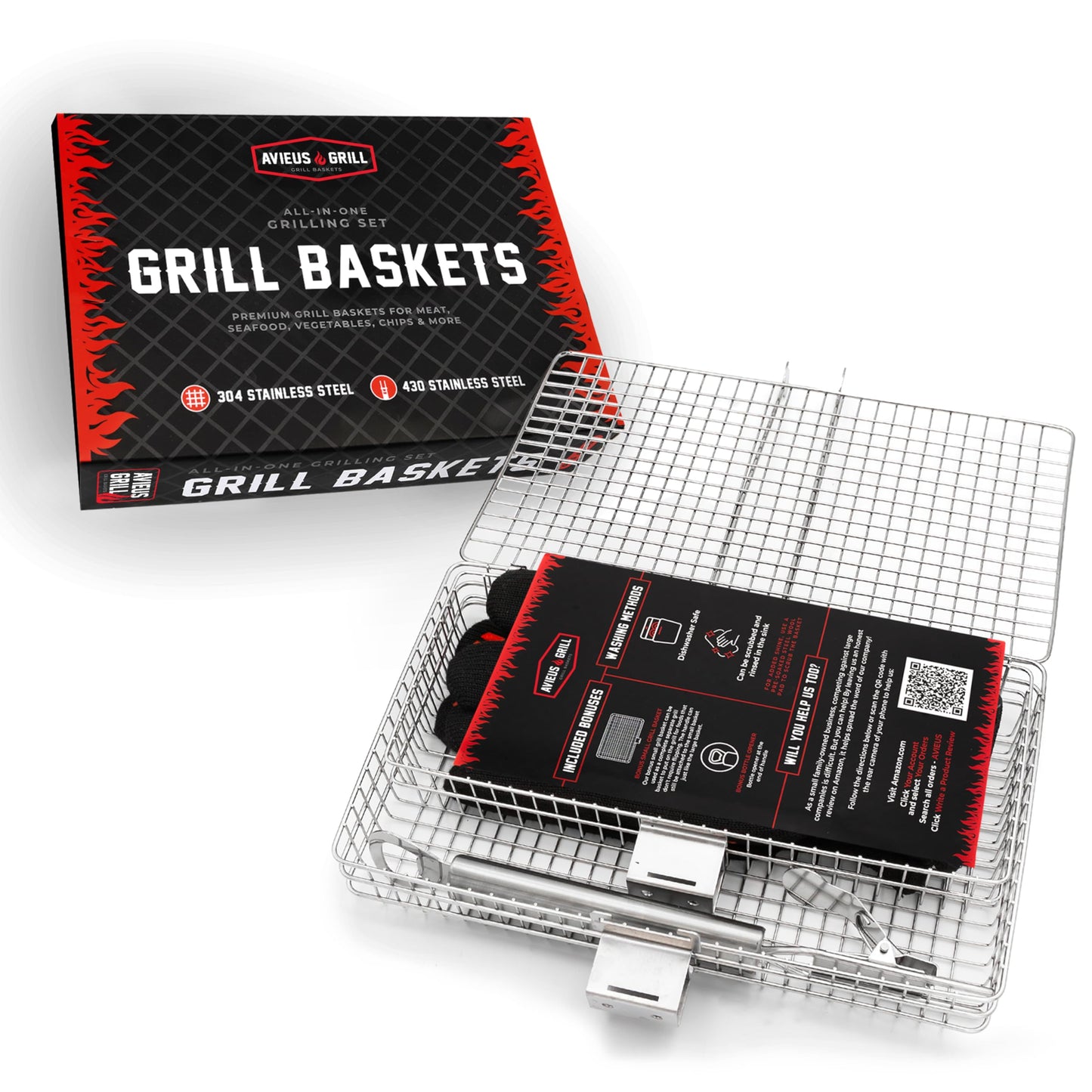 AVIEUS Grill Grill Baskets for Outdoor Grill | 2 Grilling Baskets with Detachable Handle | Barbecue Grill Set with BBQ Gloves | Portable Camping Net Rack Perfect for Vegetables, Seafood & Meat
