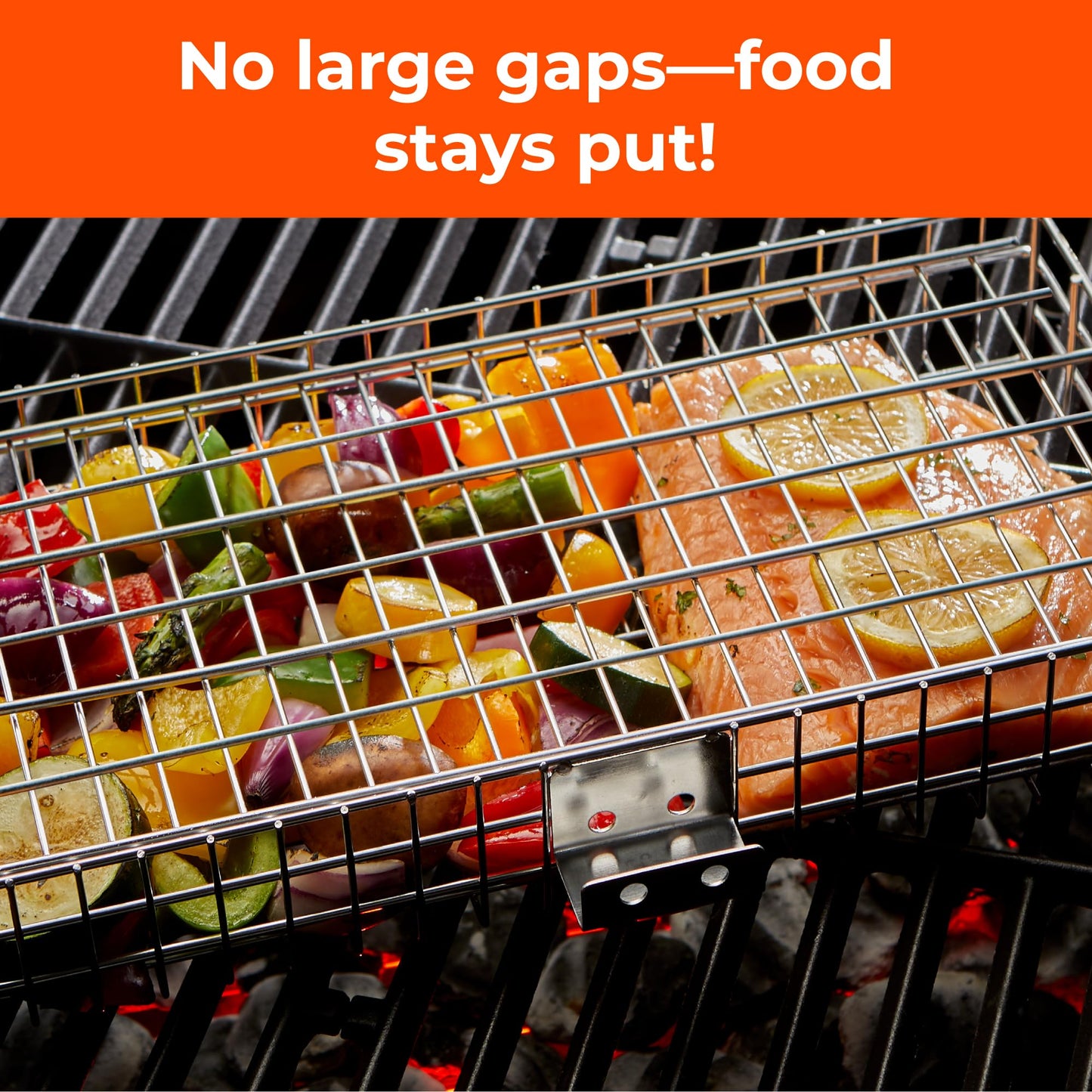 Adjustable Grill Basket with Removable Handle – 4 Height Levels for Vegetables, Meat, Fish & More – Locking Lid - Basting Brush, Scrub Sponge & Storage Bag for Outdoor Cooking