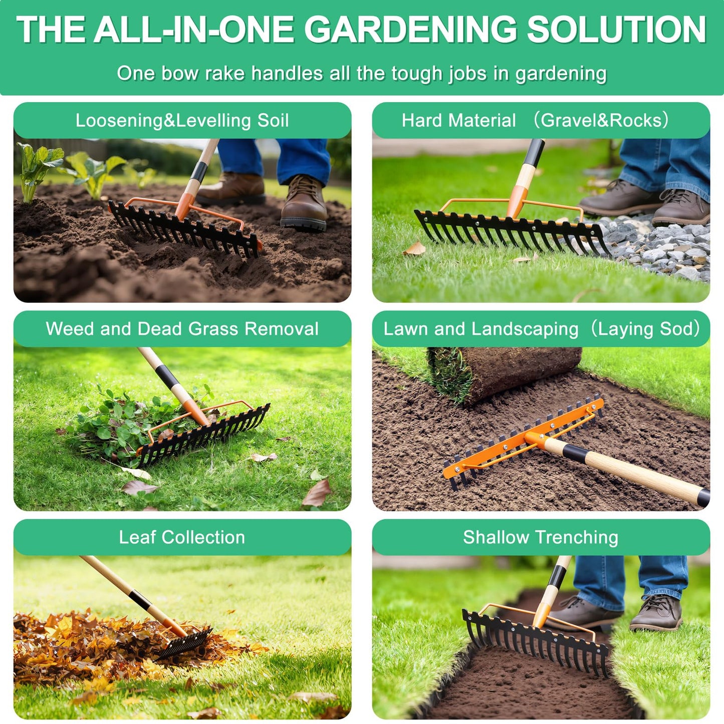 17 Tines Wide Head Bow Rake for Soil Leveling, Garden Rake Heavy Duty with 55” Adjustable Wooden Handle, Heavy Duty Metal Rake for Lawns, Gardening, Loosening Soil, Gathering Leaves, Landscaping