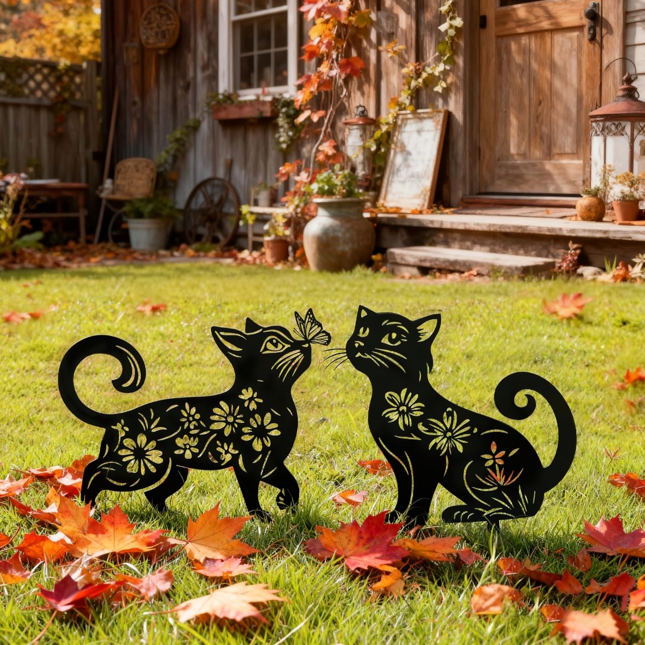Rioneta Metal Cat Garden Decor for Outside (2 Pack), 14 Inch Yard Art Stakes,Unique Cat Gifts for Kitty Lovers, Outdoor Lawn Statues and Weather Resistant Yard Art