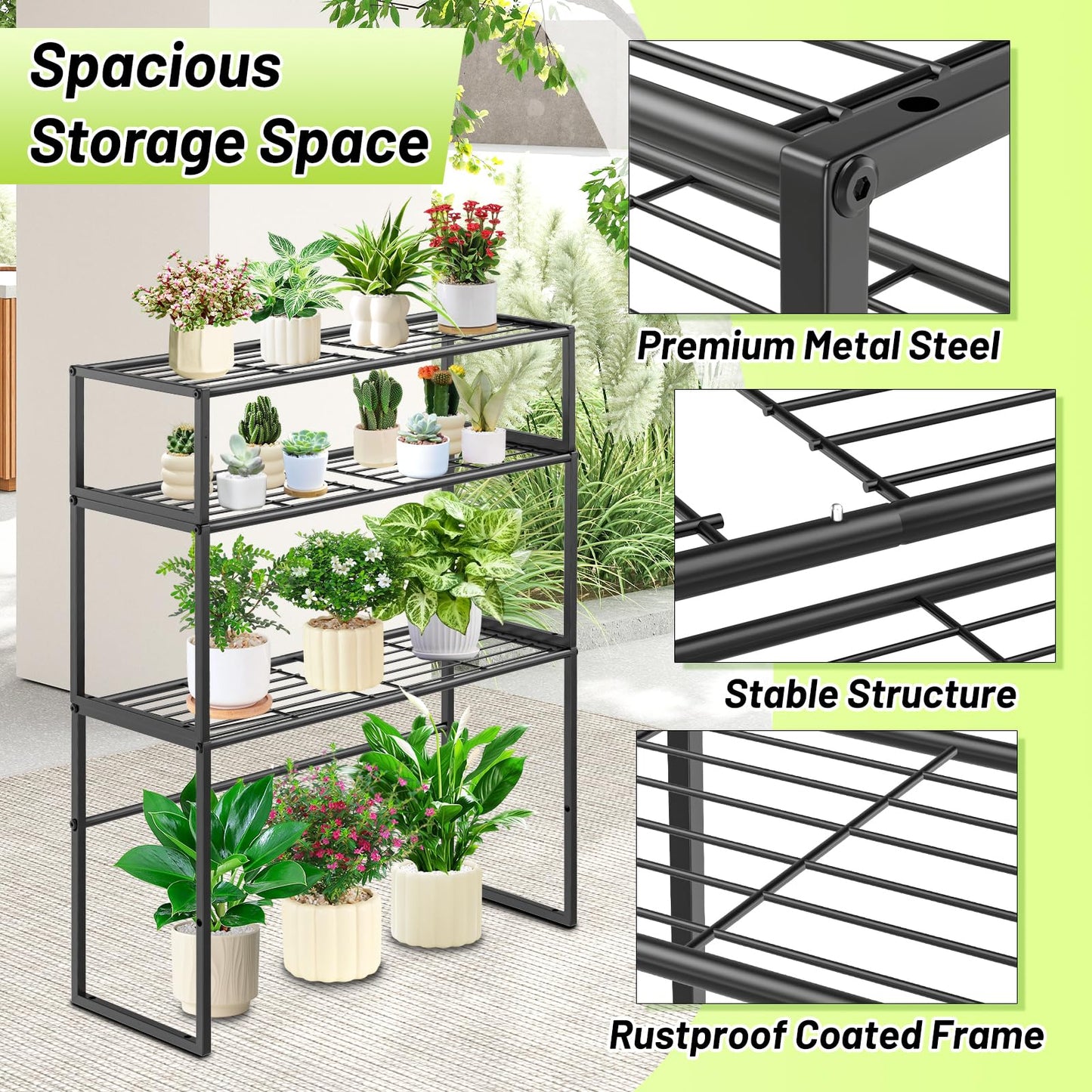 Metal Plant Stand Indoor Outdoor, 3 Tier Potted Multiple Flower Pot Holder Rack Plant Shelf, Heavy Duty Planter Display Shelving for Patio Balcony Garden Living Room Decorative (Black-3 Tier)