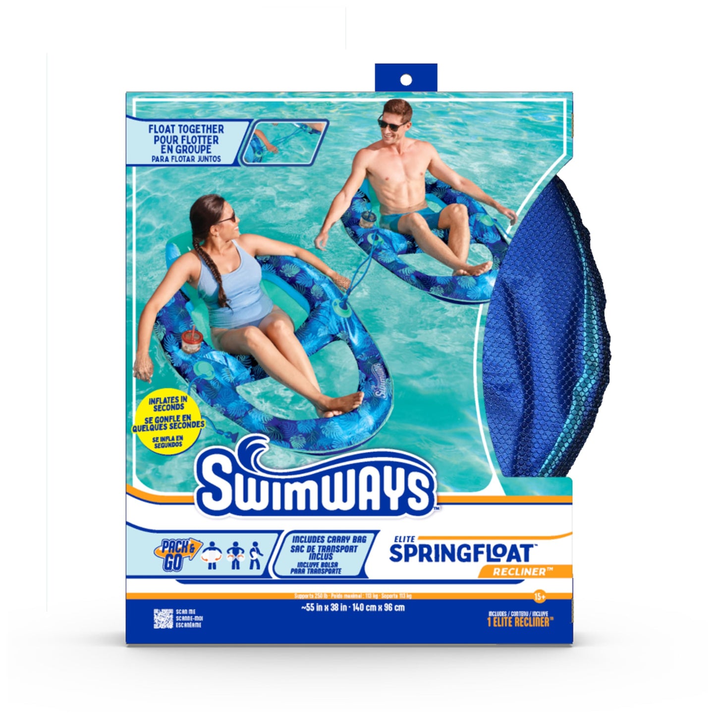 Swimways Elite Spring Float Recliner Pool Lounge Chair, Inflatable Pool Floats with Fast Inflation, Pool Recliner for Adults up to 250 lbs
