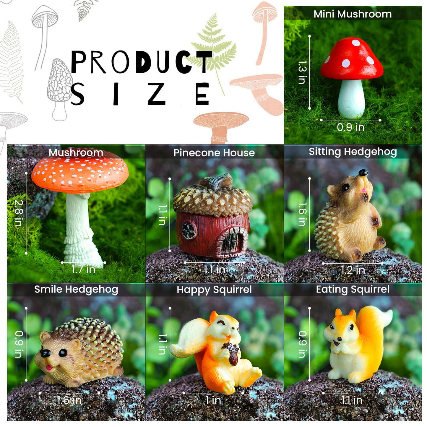 Delighture Fairy Garden Accessories, 7 Pieces Squirrel & Hedgehog Resin Figures with Acorn & Mushroom, Handmade Miniature Decor, Garden Miniatures and Home Decorations, Perfect DIY Gift