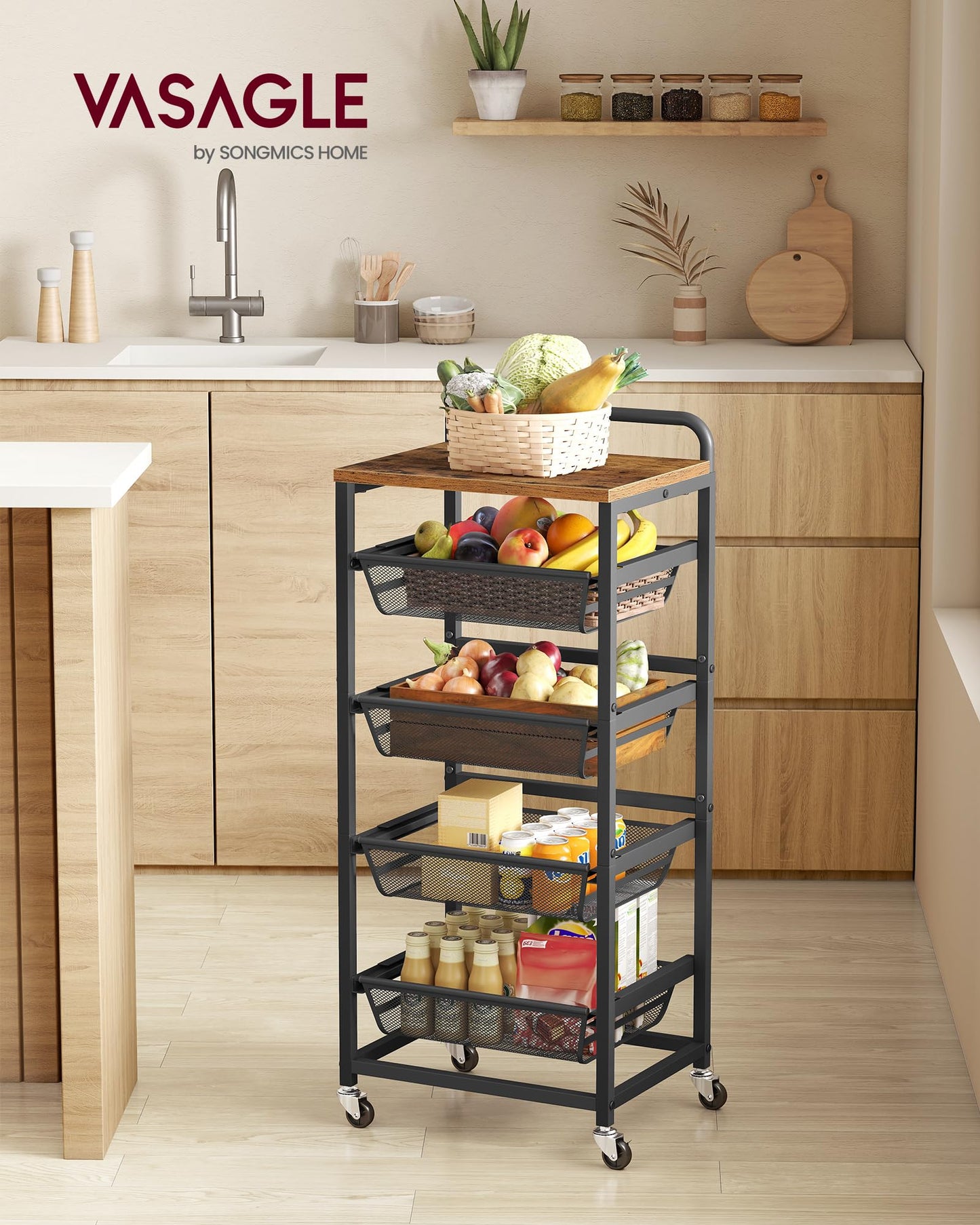 VASAGLE Storage Rolling Cart with Pull-Out Baskets, 5-Tier Utility Cart Orgnizer with Wheels for Laundry Room, Kitchen, Handle, 12.5 x 15.8 x 37.4 Inches, Rustic Brown and Ink Black ULRC041K01