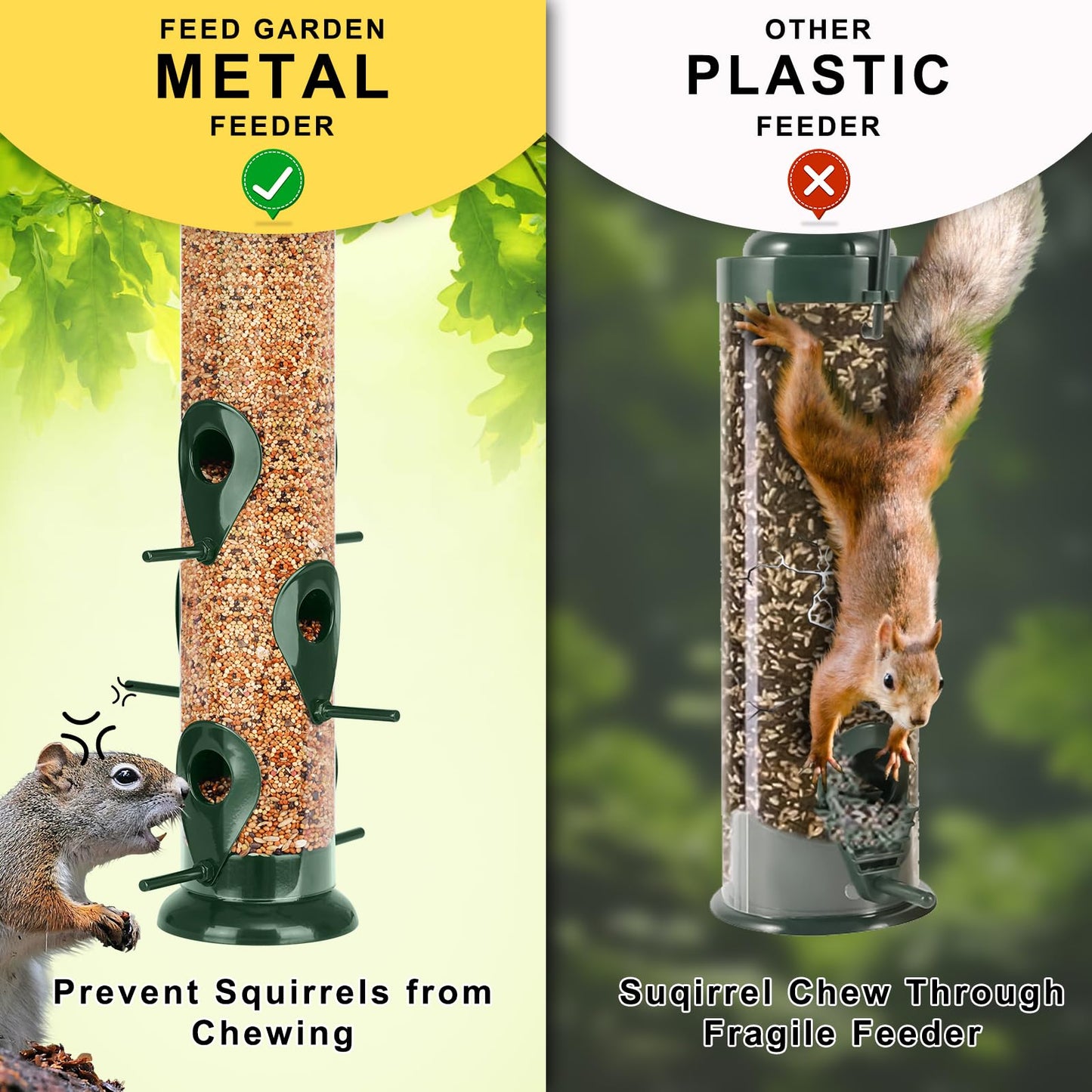 FEED GARDEN Metal Bird Feeder - 6 Port Tube Feeder for Outdoors, Heavy Duty Squirrel Proof with Metal Lid, Easy Fill & Clean, Weather Resistant, 13 Inch
