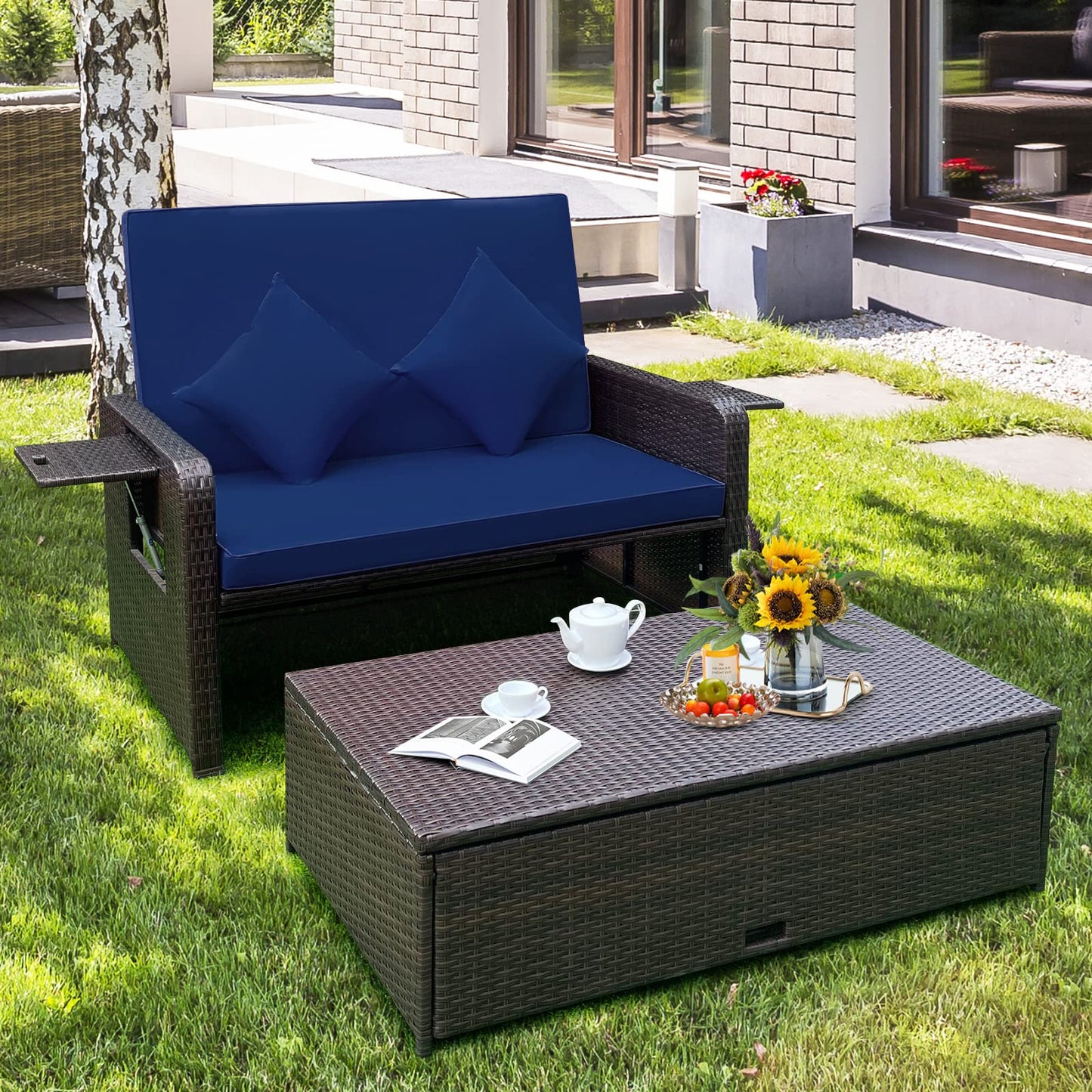 Tangkula Patio Rattan Daybed with 4-Level Adjustable Backrest, Outdoor PE Wicker Loveseat with Storage Ottoman & Folding Side Tray, Double Sunbed Lounger for Balcony, Backyard & Poolside, Navy & Brown