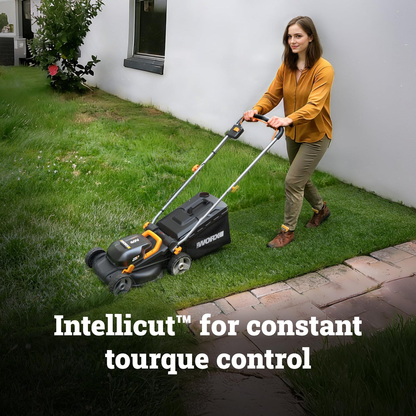 WORX Cordless Lawn Mower, 14" 40V Electric Mower with Brushless Motor, Lightweight 2 in 1 Push Lawn Mower with 6-Position Height Adjustment for Small Yards, 2 Batteries & Charger Included, WG735