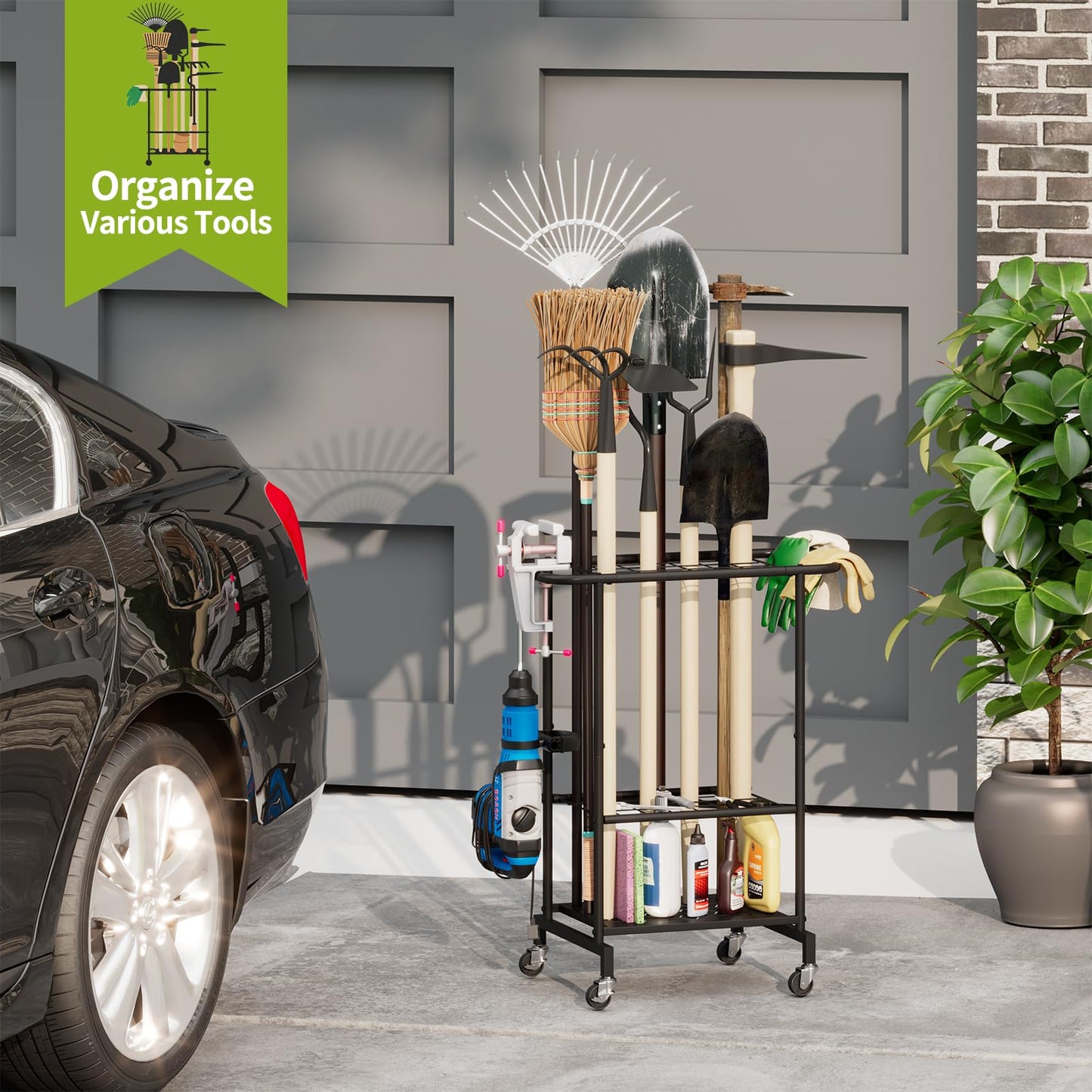 3-Tier Garden Tool Organizer with Wheels, Garage Floor Rolling Storage Cart on Wheels Heavy Duty Metal Rolling Storage Cart, Yard Tool Tower Rack for Garage, Patio, Shed, Indoor Outdoor