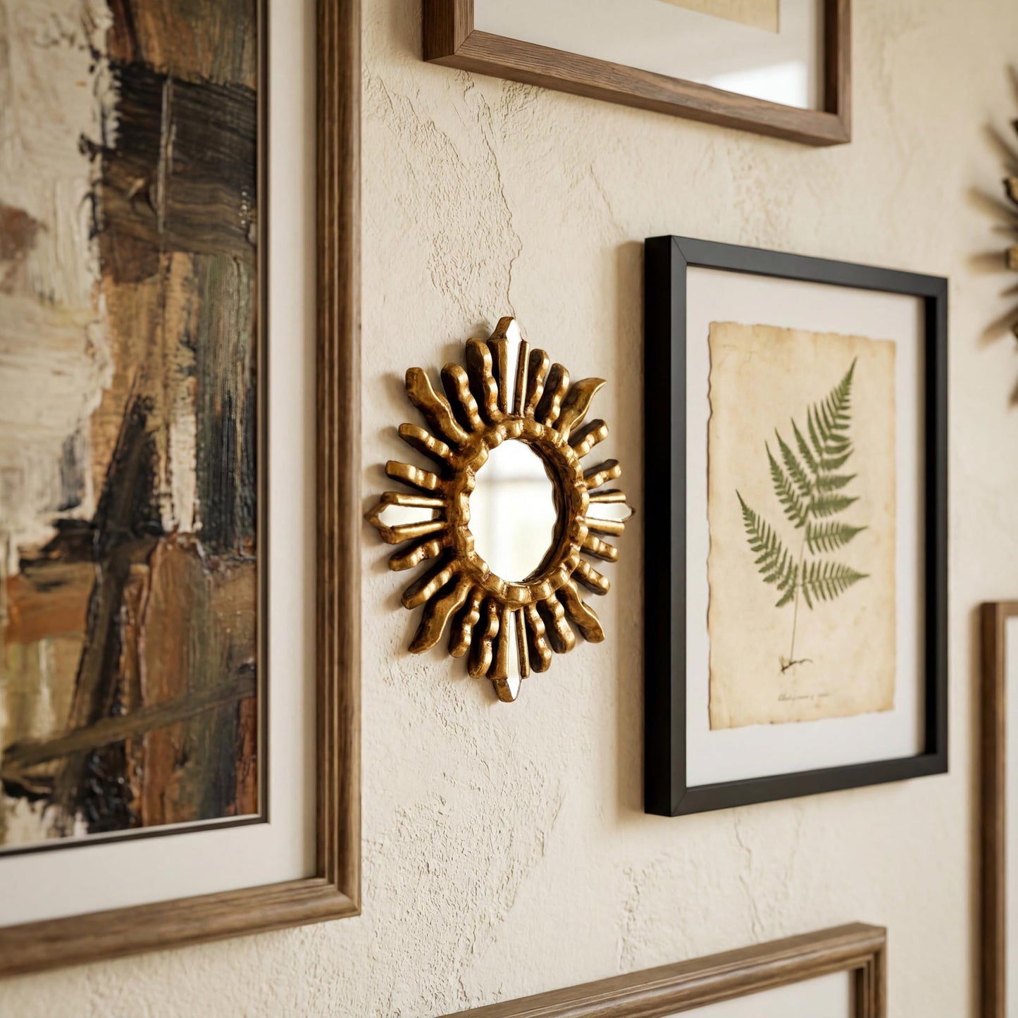 DecorContreras Handmade Small Round Wall Mirror with Bronze Leaf Finish - 6in Sun-Inspired Wood Mirror for Home Decor (Gold)
