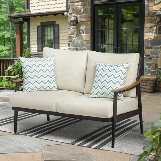 NATURAL EXPRESSIONS Patio Loveseat Sofa Outdoor Furniture Metal Chair with Wicker Backrest & 6 Inches Cushion for Indoor, Front Porch, Deck, Balcony, Backyard, 51.77"(L) x 29.75"(W) x 33.86"(H).
