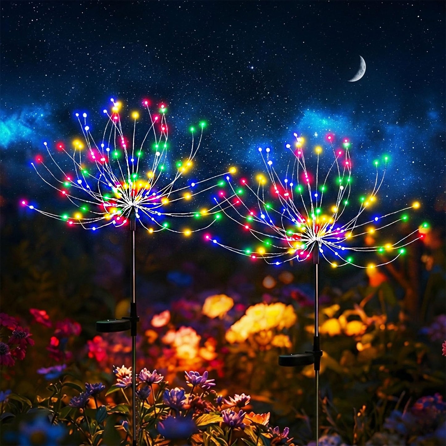 colcutee 2 Pack Solar Firework Lights Outdoor, Adjustable 32" to 51" Extra Tall, 200 LED Stainless Steel 3-Section Pole, 8 Modes Waterproof Starburst Garden Lights for Yard Pathway Walkway Decor