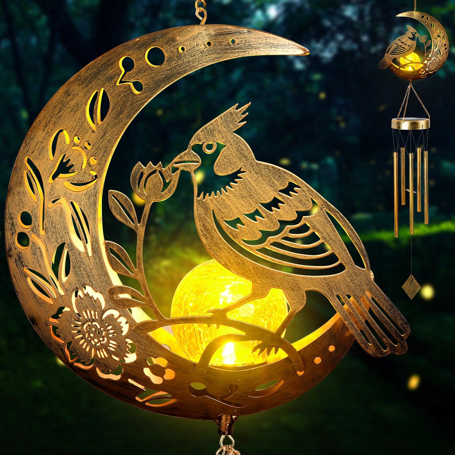 JOBOSI Moon Cardinal Wind Chimes Gift, Solar Cardinal Light, Solar Wind Chimes for Outside, Mother's Day Wind Chime, Gift for Mothers, Women, Grandmothers, Outdoor Garden Lawn Yard Decor
