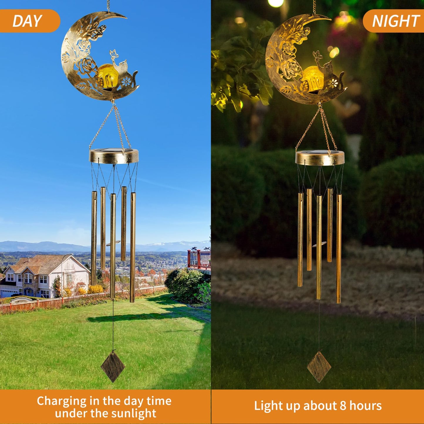 Cat Moon-Wind Chime, Cat Lover Gift Solar-Lantern Windchime, Wind Chimes Outdoor, Garden-Gifts, Garden Moon Decor, SolarWind Chimes, Solar-Light, Patio Hanging Light, Gifts for Mom, Grandma,Sister