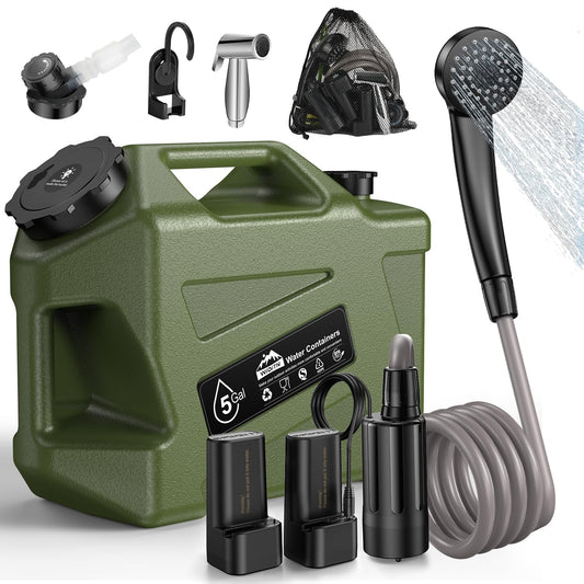 Widitn Portable Camping Shower with Water Jug, Electric Rechargeable Camping Shower, 5-Gallon Food Grade Water Containers, Outdoor Camp Pump for Hiking Beach, Travel, Pet Bath
