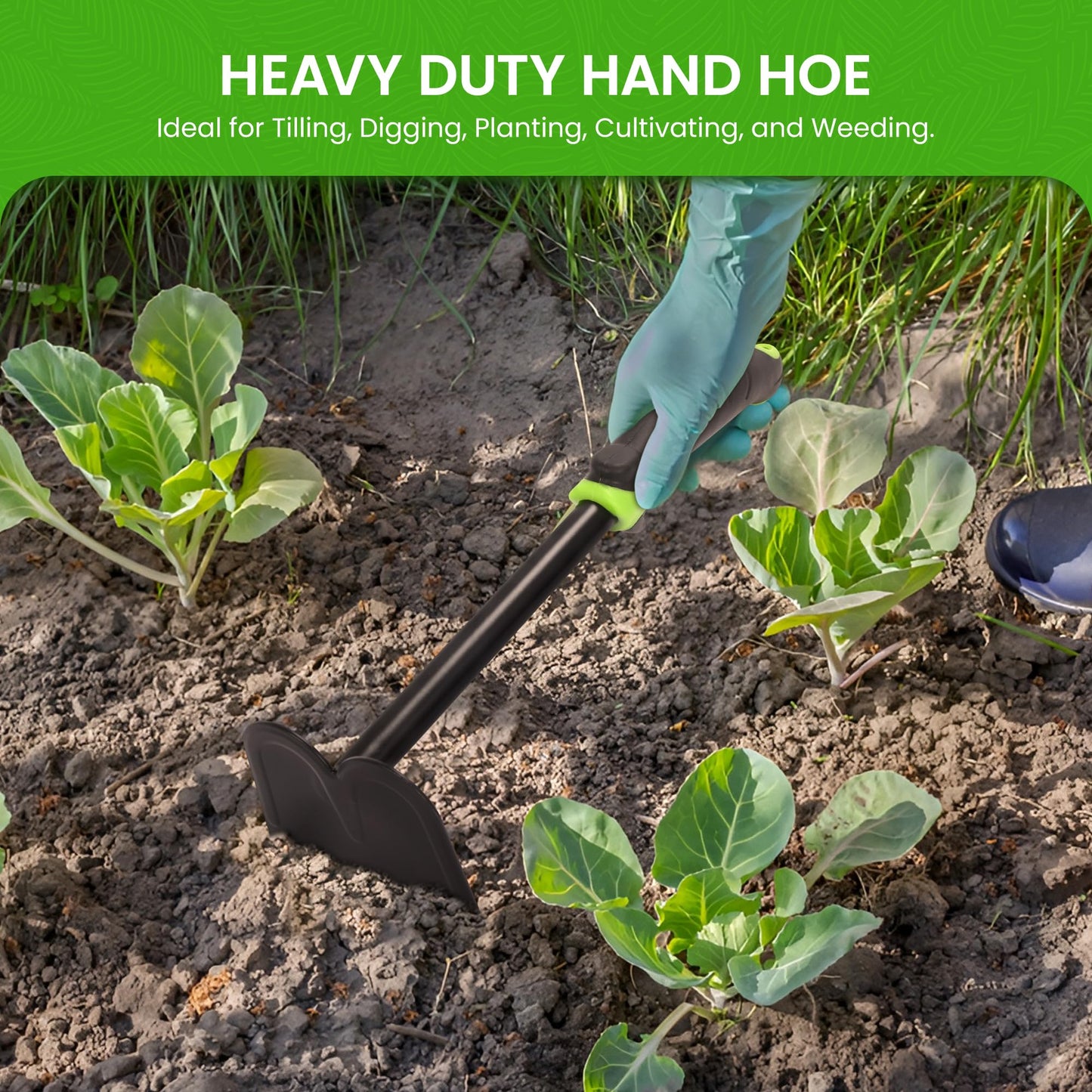 Garden Guru Hand Hoe Tiller Cultivator Tool - Carbon Steel for Ultimate Strength - Rust Resistant - Ergonomic Handle - Great for Gardening Digging Tilling Planting Cultivating Loosening