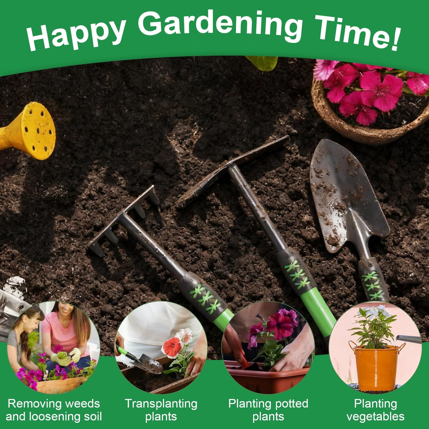 Zenrok Garden Tool Set, 3 Pack Lightweight Heavy Gardening Kit Including Hand Shovel, Transplant Shovel and Hand Rake with Soft Rubber Non-Slip Handle, for Planting Weeding Digging, Green ﻿