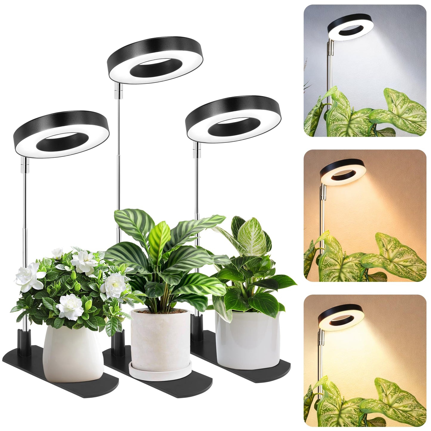 LBW Grow Light for Indoor Plants,Full Spectrum Plant Light with Base,Height Adjustable Plant Grow Lamp with Auto Timer 6/8/12/16H, 3 Colors,5 Dimmable Brightness, for Small Plants,Black, 3 Packs