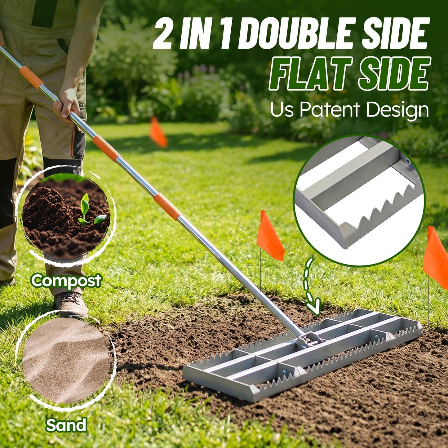 Lawn Leveling Rake, 2-in-1 Double-Sided Landscape Leveler with 20 Marking Flags for Low Spot, 30"×10" Heavy Duty Stainless Steel Flat & Serrated Side for Soil Sand Gravel, Yard Garden Golf Course