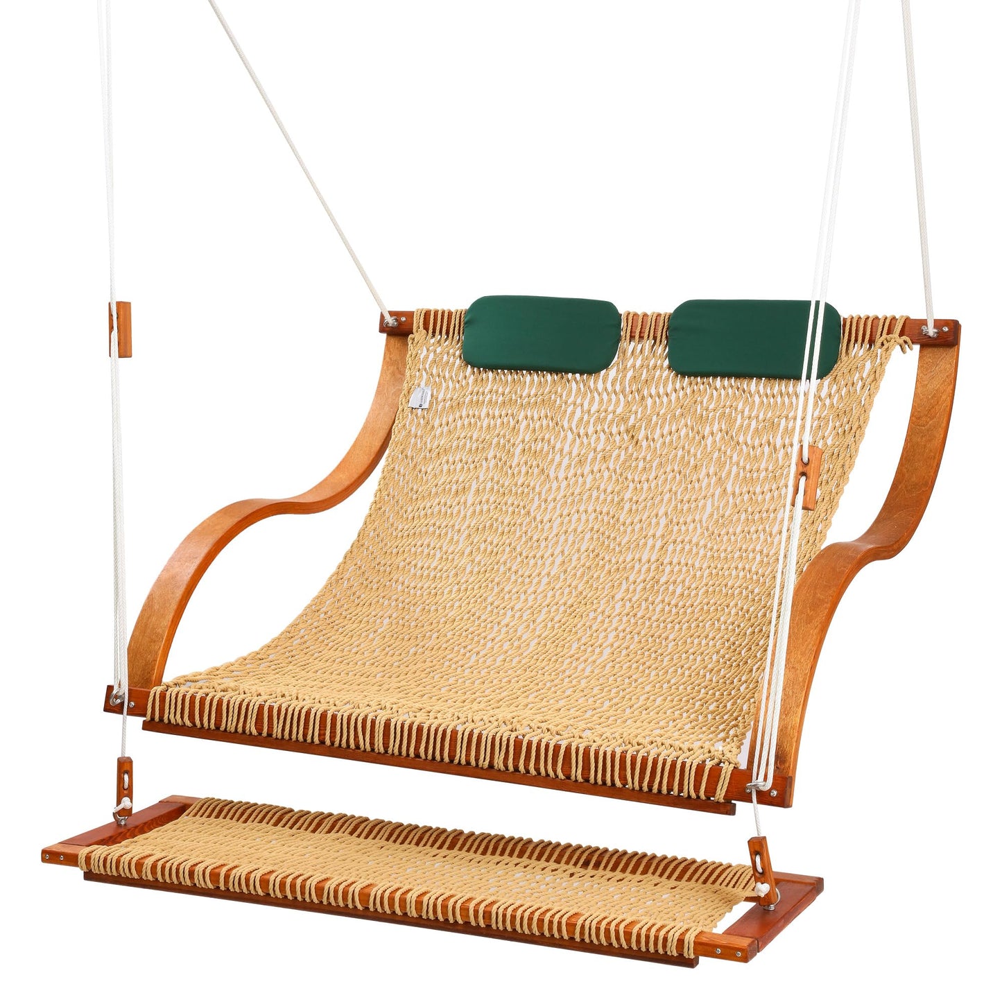 SANIWERKE® Porch Swing for 2, Double Hammock Swing with Footrest & S-Armrest, Adjustable Hanging, Durable Rope Net&Thick Wood, 650LBS, 50" Wide, Luxe Reclining Duo Swing for Patio Porch(Soft Tan)