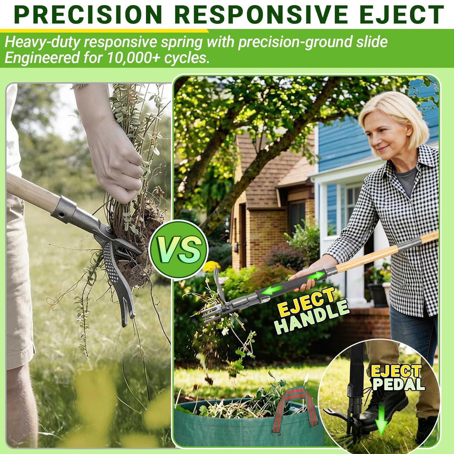 Bamda Weed Puller Tool, Heavy Duty Gardening Hand Tools with 4-Claw Steel Head & Dual-Eject Mechanism, 43.5" Bamboo Long Handle Stand Up Weeding Tool for Lawn Yard, Includes 16 Gallon Leaf Bag