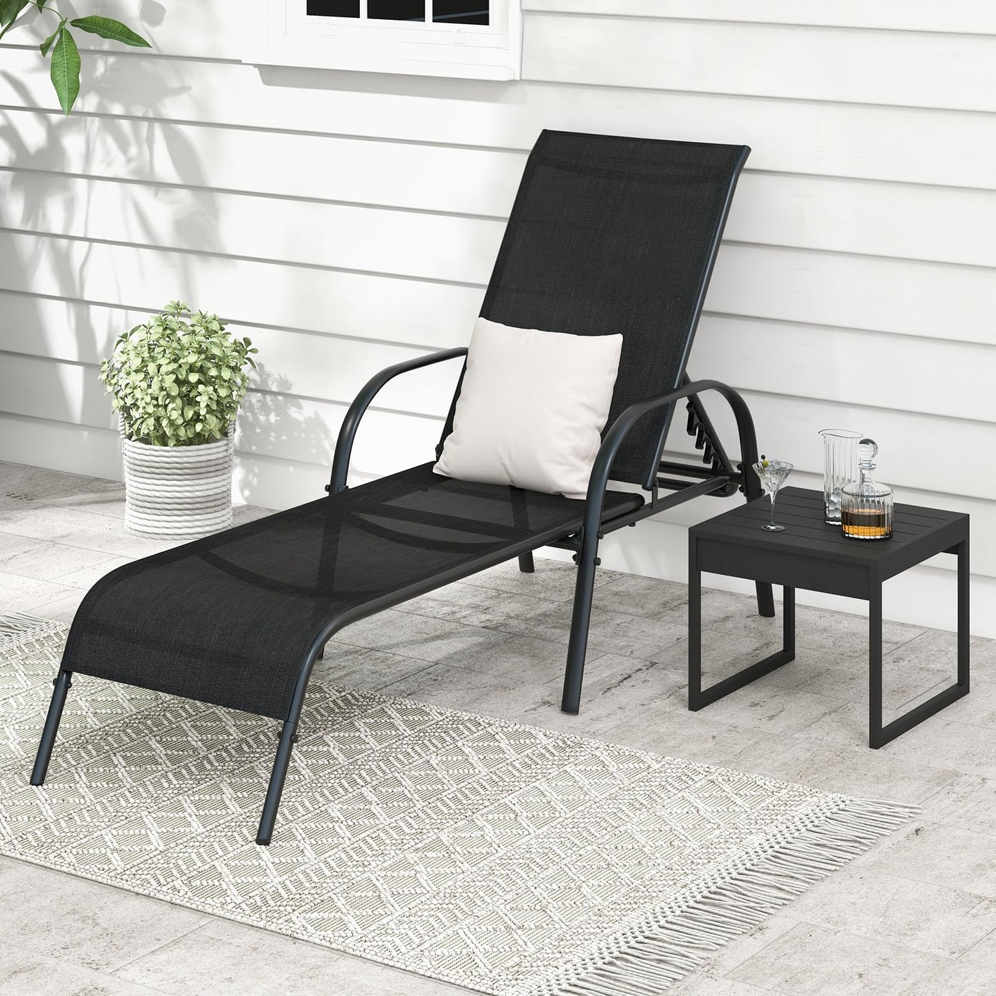 Giantex Patio Lounge Chair, Outdoor Chaise Lounge with 5 Adjustable Backrest, Sturdy Steel Frame, Sunbathing Recliner, Beach Chair, Tanning Chair for Outside, Yard, Balcony, Pool Chairs, Black