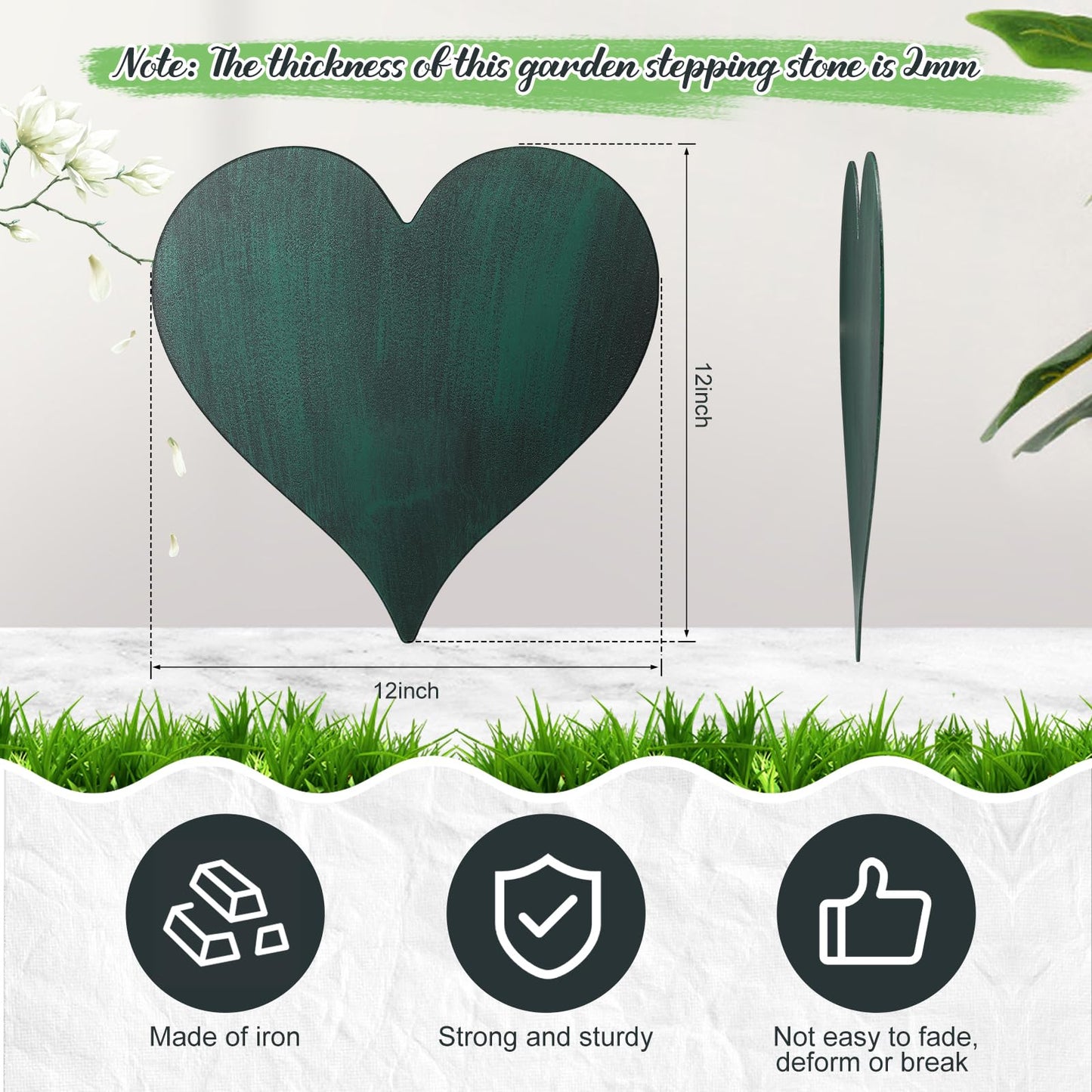 Tandefio 3 Pcs Heart Garden Stepping Stones Brown Cast Iron Stepping Stones Rustic Style Outdoor Stones for Garden Walkway Outside Decorative Decor, 12 Inches (Green)