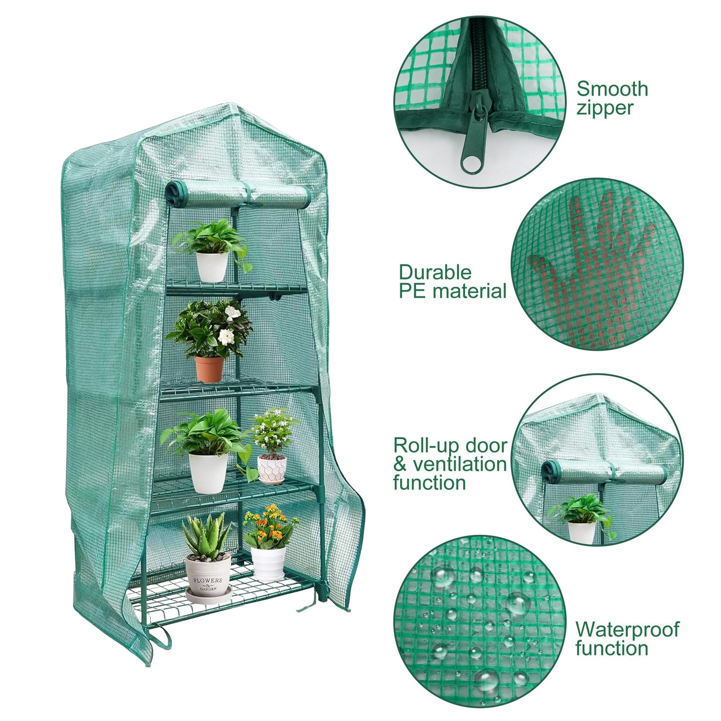 Sfcddtlg 4 Tier Greenhouse Replacement Cover with Roll-Up Zipper Door-PE Plant Greenhouse Cover for Indoor Outdoors Gardening Plants Cold Frost Protection Wind Rain Proof (Frame NOT Include)
