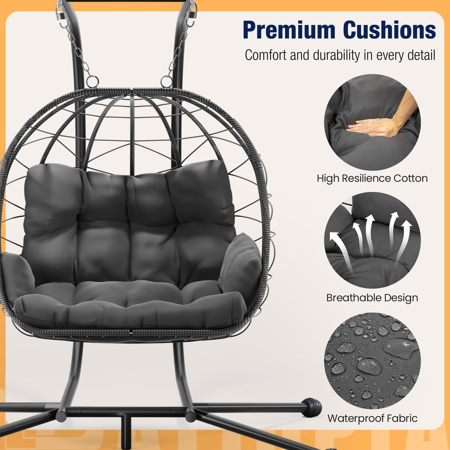 Pamapic 700 LBS Double Egg Chair Outdoor, UV Resistant Cushions Hanging Egg Chair with Armrests & Headrest, Thick Steel Frame Egg Swing Chair with Stand, for Relaxing & Reading Outside/Inside(Grey)