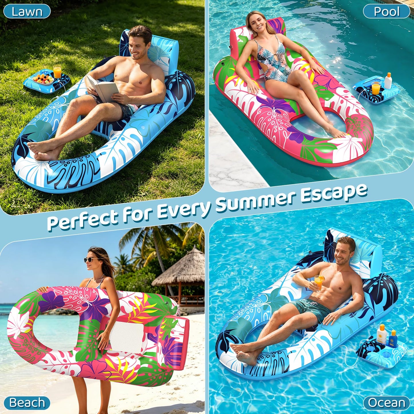 SEETOHOME 2 Pack Pool Floats Adult Heavy Duty, Inflatable Pool Lounger Float with Detachable Cup Holders & Backrest, Extra Large Pool Rafts Water Floaties for Adults Swimming Pools Beach Lake Party
