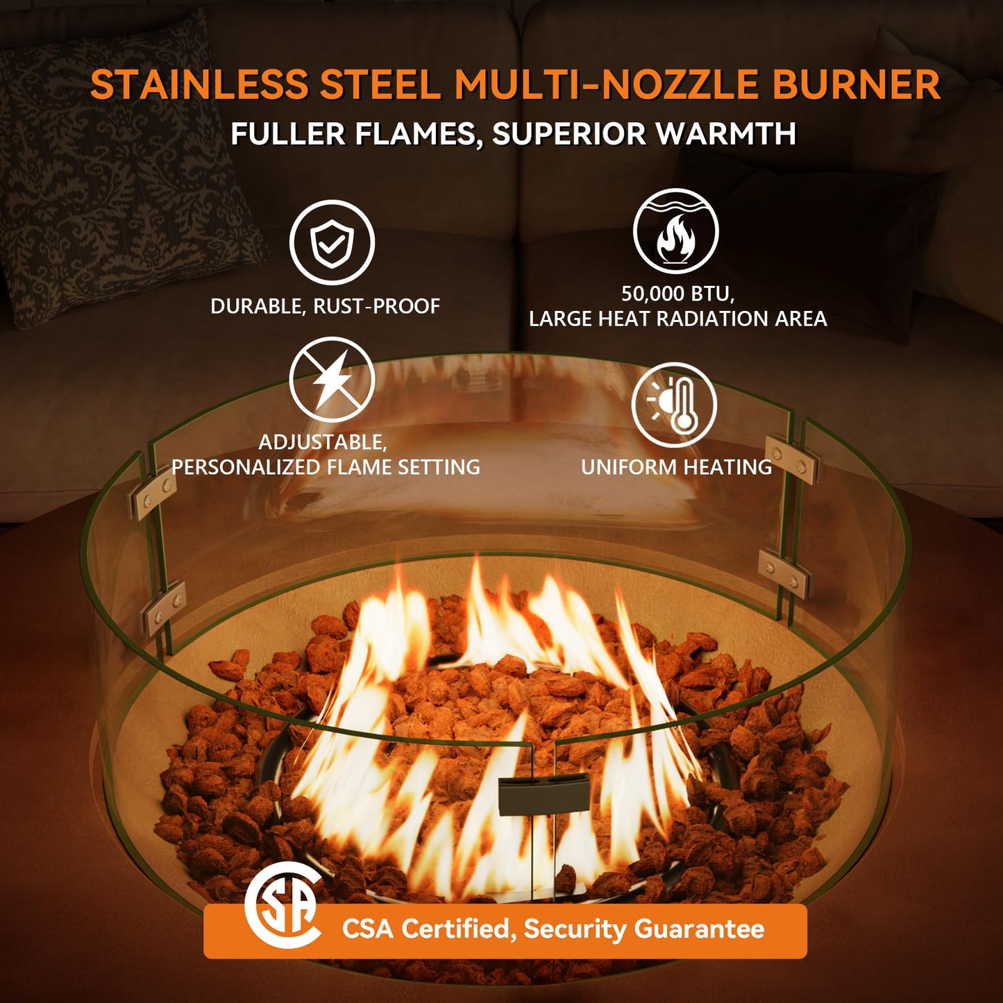 COSIEST 2-Piece Outdoor Propane Firepit Table Set w Tank Table, 42 inch Dark Fire Table Certified, 50,000 BTU w Bronze Round Base,Wind Guard and 16 inches Tank Side Table 20lb for Garden,Pool