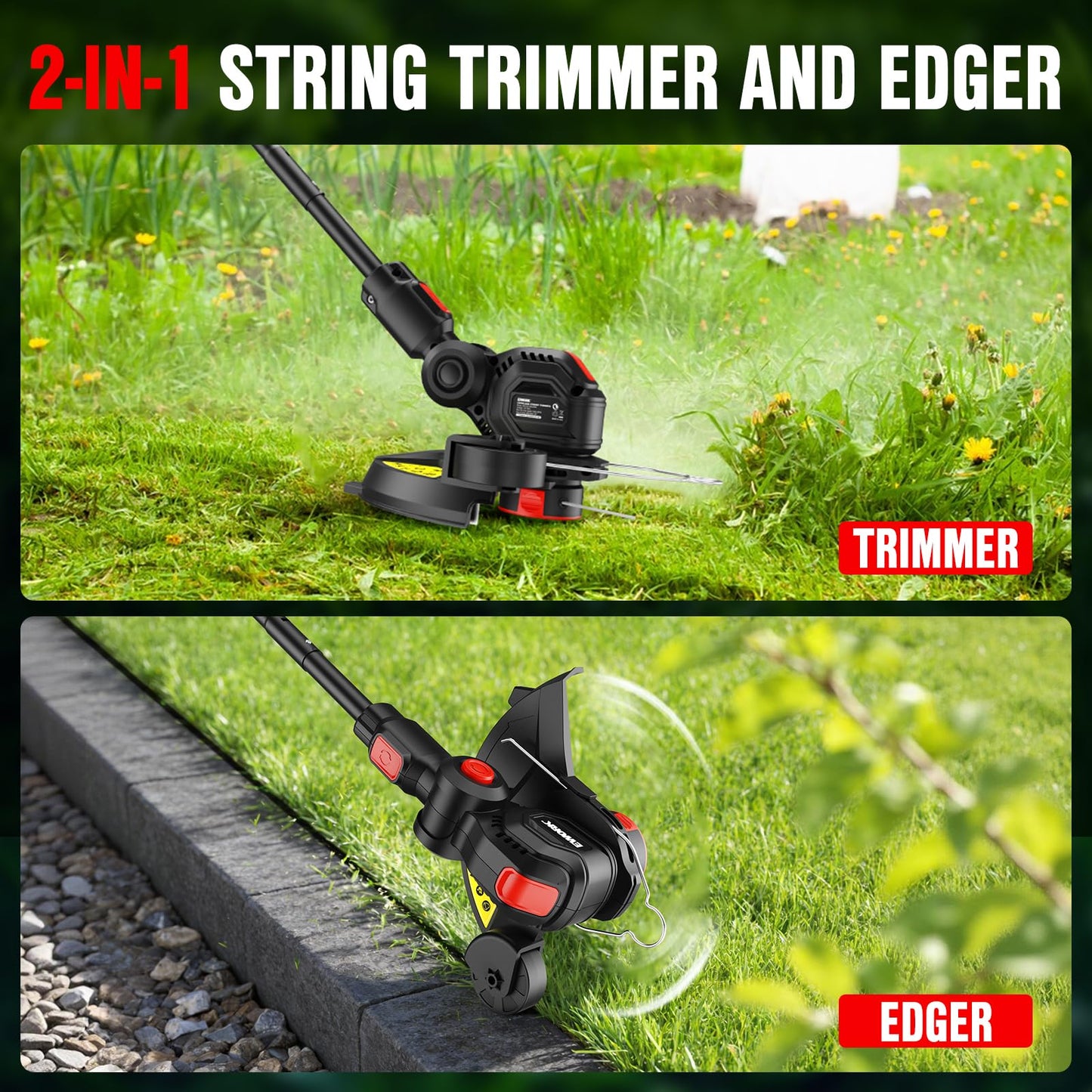EWORK Weed Wacker Cordless 20V 12-Inch Weed Eater Battery Powered with 2×2.0Ah Batteries & Fast Charger Electric Weed Trimmer, Lightweight String Trimmer for Lawn Trimmer and Grass Edger Cutter