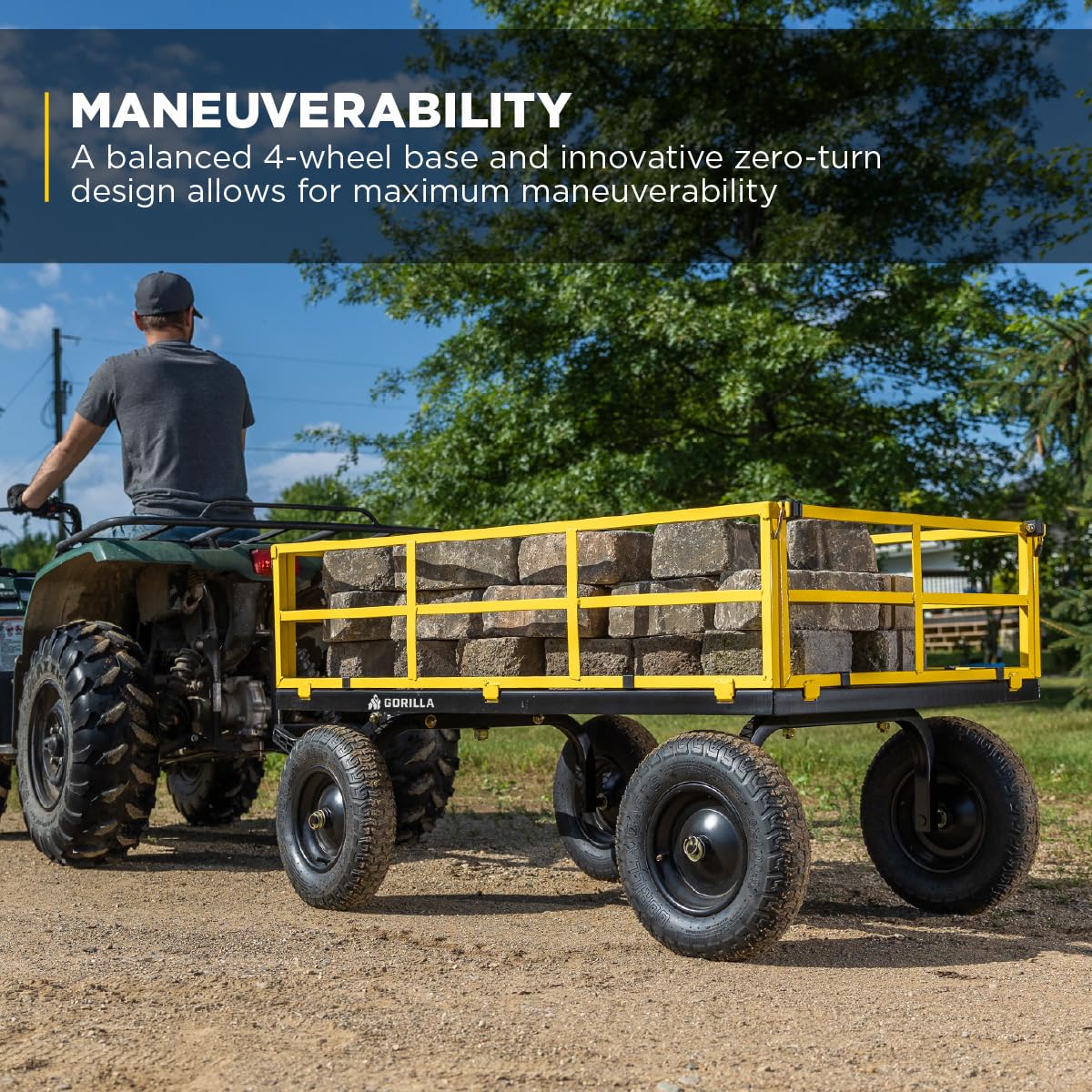 Gorilla Carts 1,400 lb Steel Utility Garden Cart, Heavy Duty 4-Wheel Yard Cart with Convertible 2-in-1 Handle & Removable Sides, 12 cu ft, Black/Yellow
