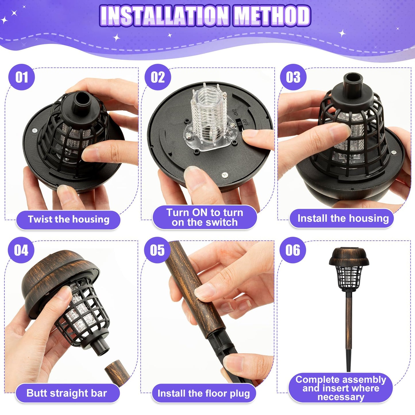 Qualirey 12 Pcs Solar Mosquito Zapper Outdoor Waterproof Solar Powered Bug Zapper Outdoor Mosquito Killer Lamp Trap Repellent Light for Garden Yard Insect (Purple and Flame Light,Black)