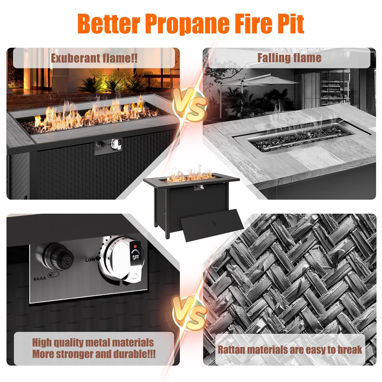 45 inch Propane Fire Pit Table, 50,000 BTU Outdoor Gas Fire Pit Table with Lid, Waterproof Cover, Rectangle Gas Firepit Table for Garden/Patio