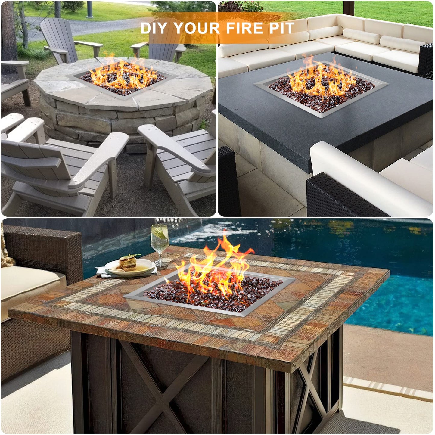 Onlyfire 18 Inch Square Fire Pit Burner Pan with Square Burner Ring – 304 Stainless Steel Drop-in Gas Fire Pit Insert for Natural Gas & Propane, 92,000 BTU, Square Flame Pattern for DIY Fire Table