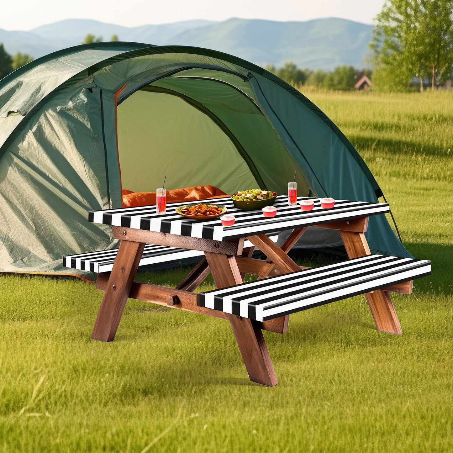 SmoothNovelty Picnic Table Cover with Bench Covers 72 x 30 Inch Waterproof Elastic Fitted Outdoor Stripe Tablecloth for 6 ft Rectangle Tables, School Camping Accessories Park(Black and White)