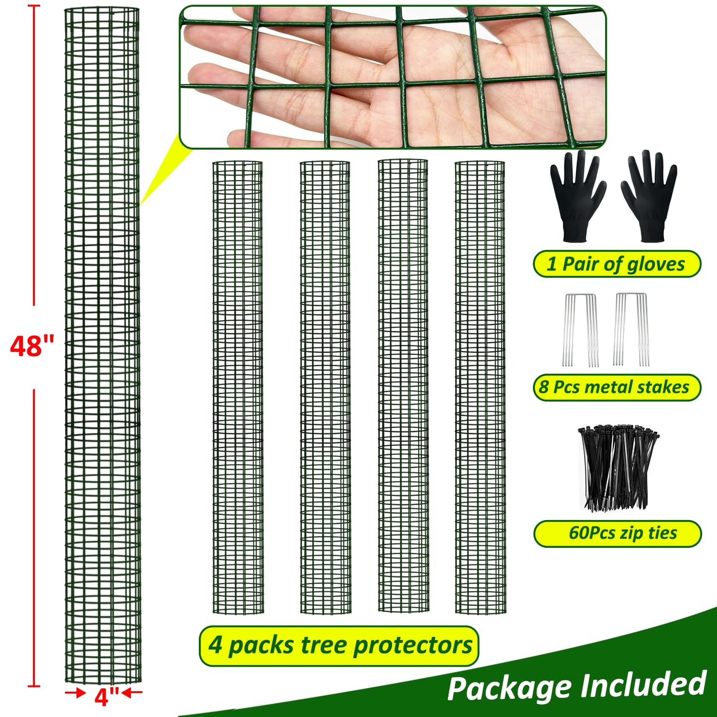 chicarry 48" Metal Tree Trunk Protector, 4 Pack Mesh Tree Guards Tree Protectors with Zip Ties, Stakes, ExpandableTree Trunk Protector Guard, Tree Protectors from Deer, Mower, Animals(48",4 Pack)