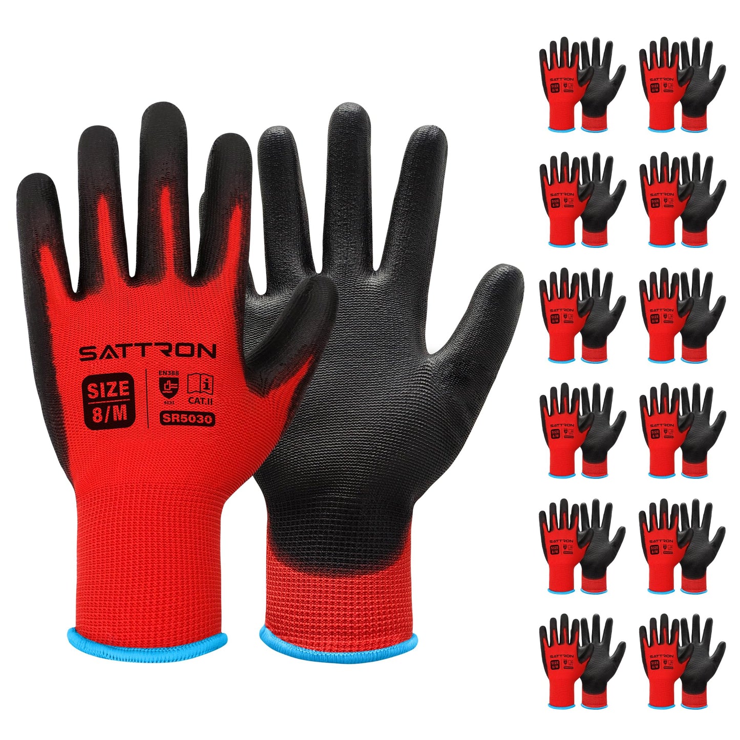 SATTRON Safety Work Gloves PU Coated, 12 Pairs Seamless Knit Gloves with Polyurethane Coating Working Gloves Excellent Grip for Men & Women, Breathable, Ideal for General Duty Work DIY (Red, Medium)