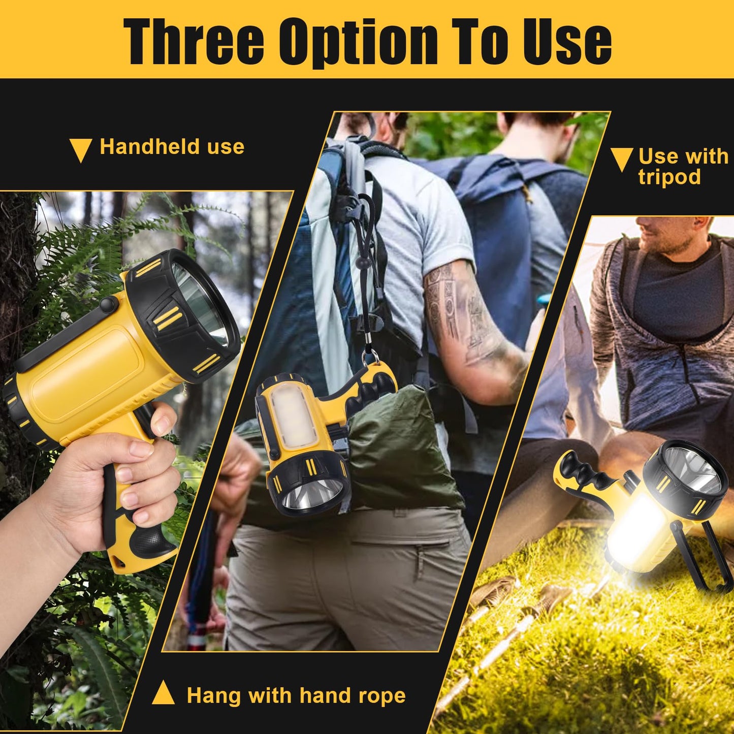 Super Bright Rechargeable Spotlight Flashlight High Lumens 10000mAh, Handheld LED Searchlight with Built-in Stand, 6 Light Modes & USB Output, Water-Resistant for Camping, Emergency & Outdoor Use